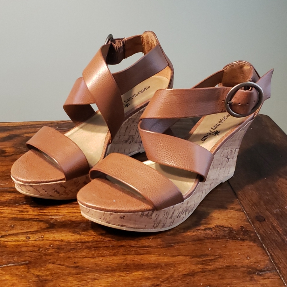 Strappy Cognac/Tan Faux Leather Wedge Sandal - Picture 1 of 5